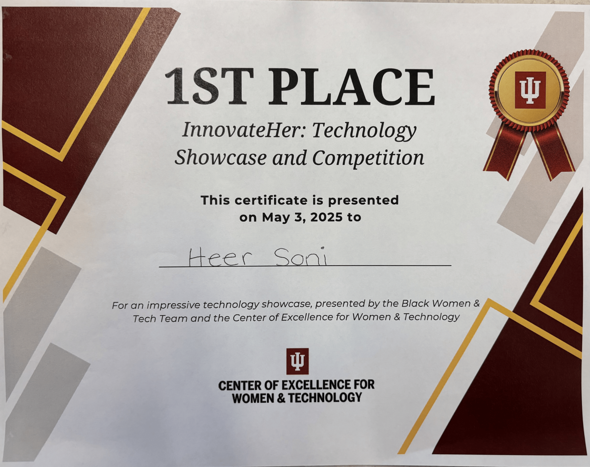 InnovateHer first place certificate